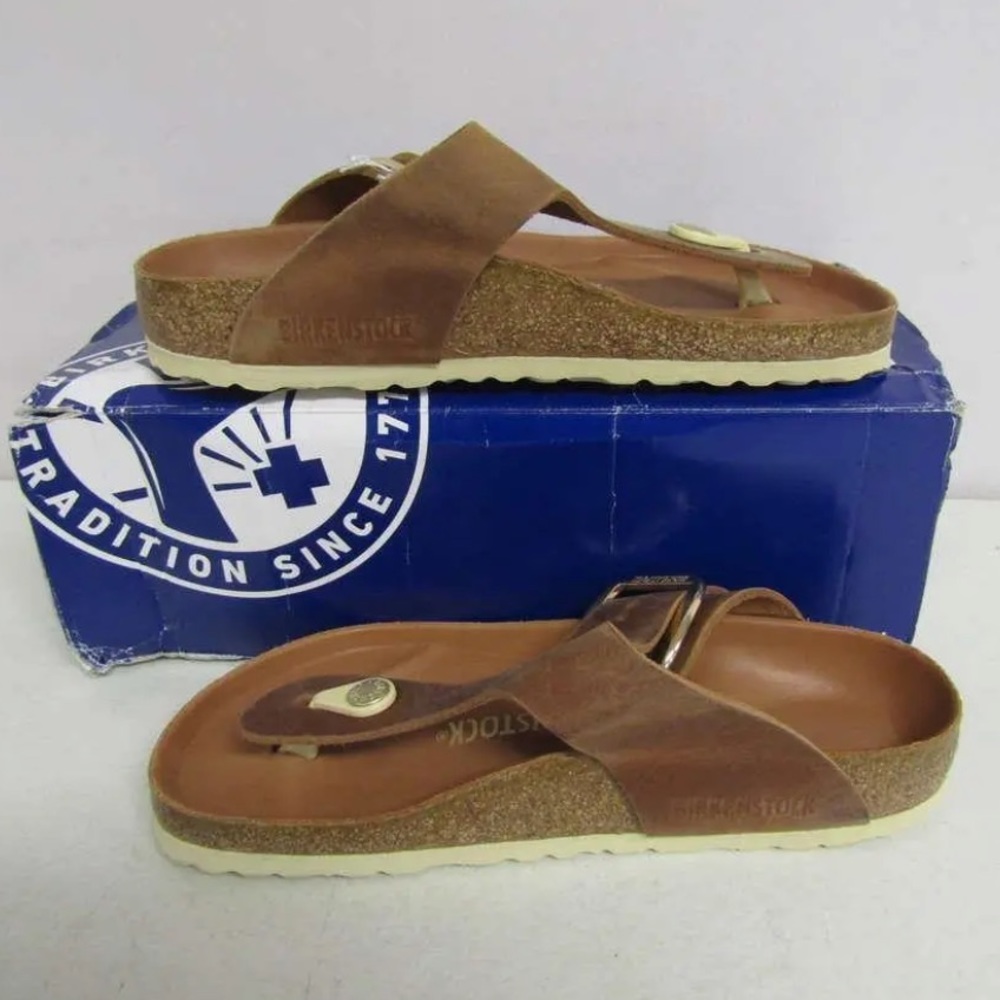 Birkenstock Women's 5/Men's 3 Gizeh Big Buckle Leather Thong Sandals Cognac - Picture 10 of 12